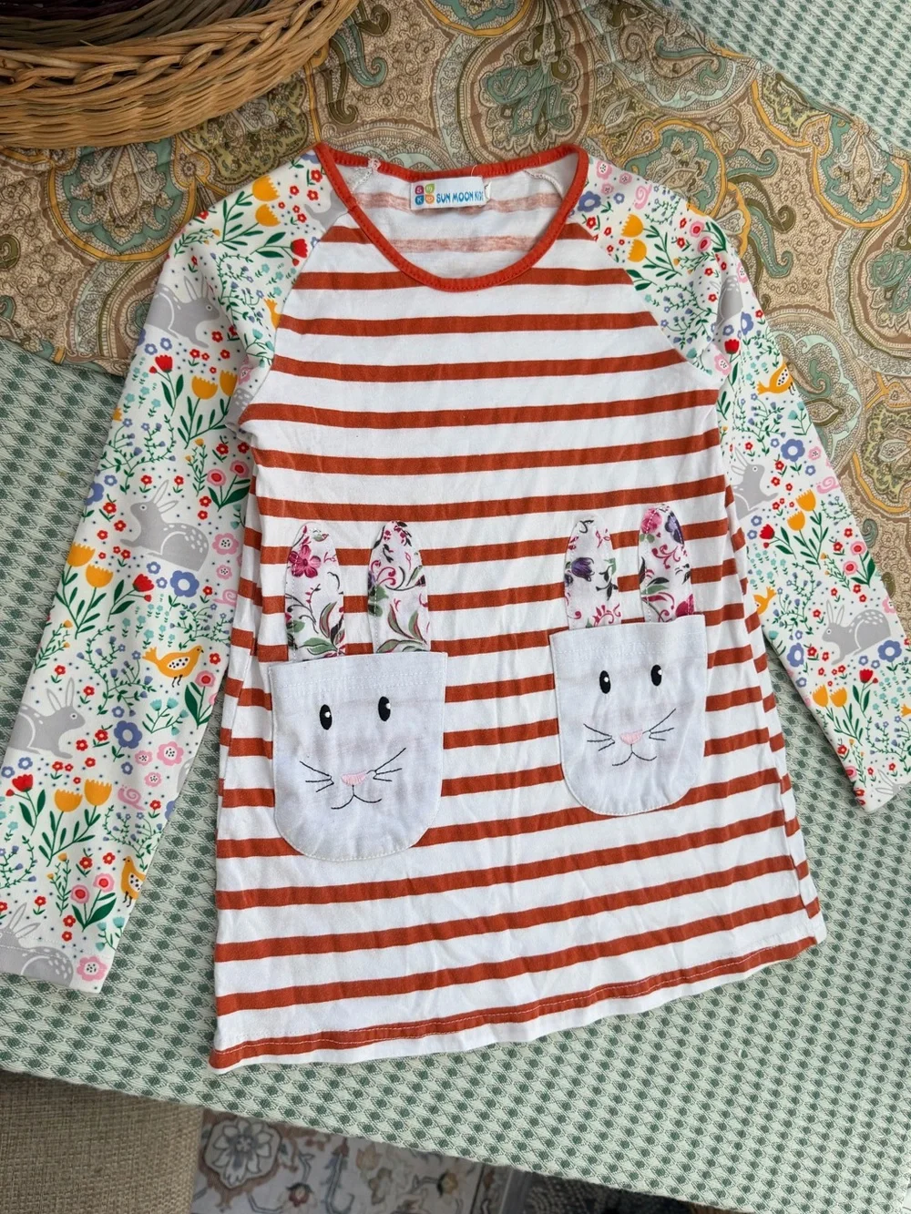 Sun Moon Kids Boutique Toddler Girl Mixed Media Long Sleeve Dress Bunnies Floral